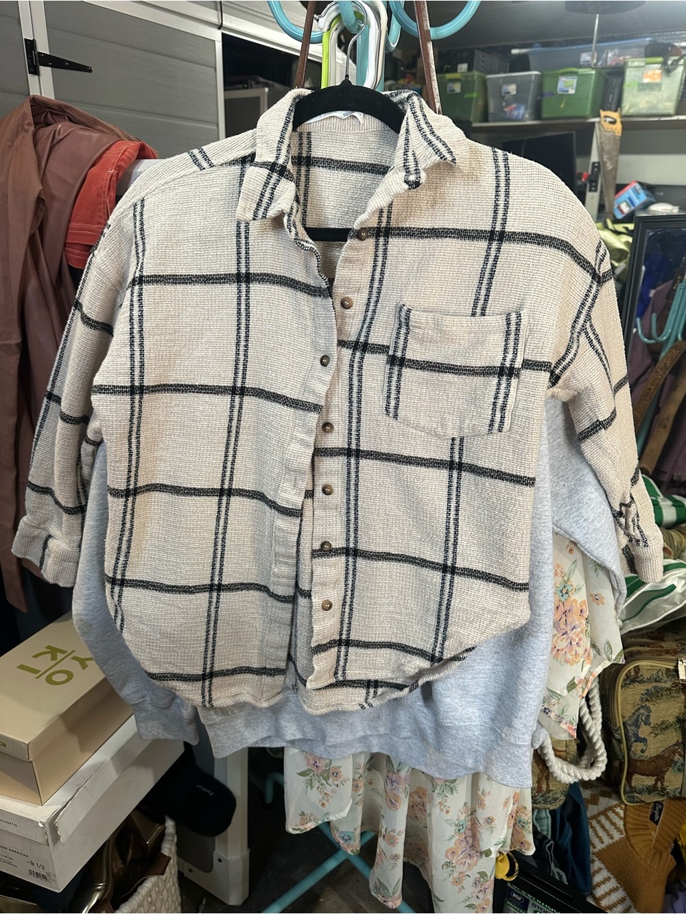 Altar'd State Cream and Black Windowpane Plaid Button-Up Shirt